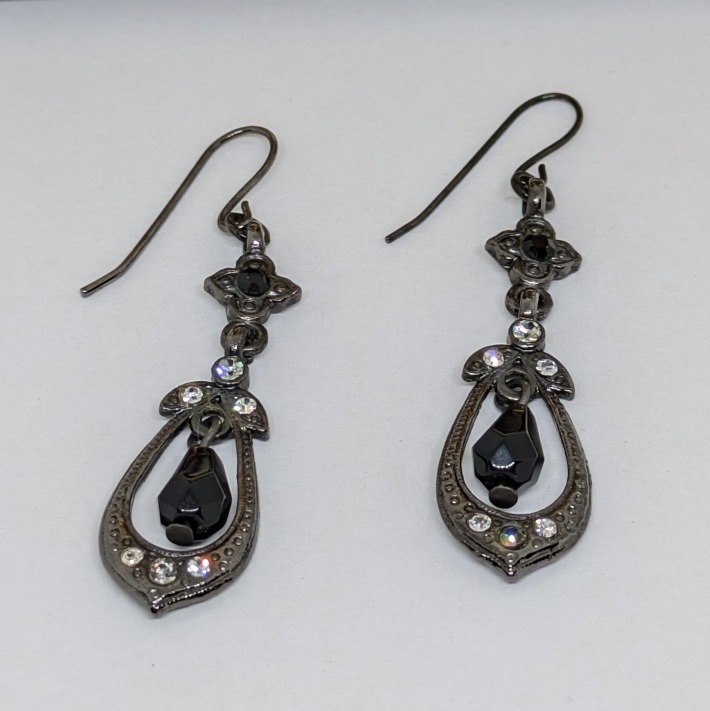 Dramatic Rhinestone Dangle Earrings Black Beads 2" Drop  Whimsygoth Punk Club